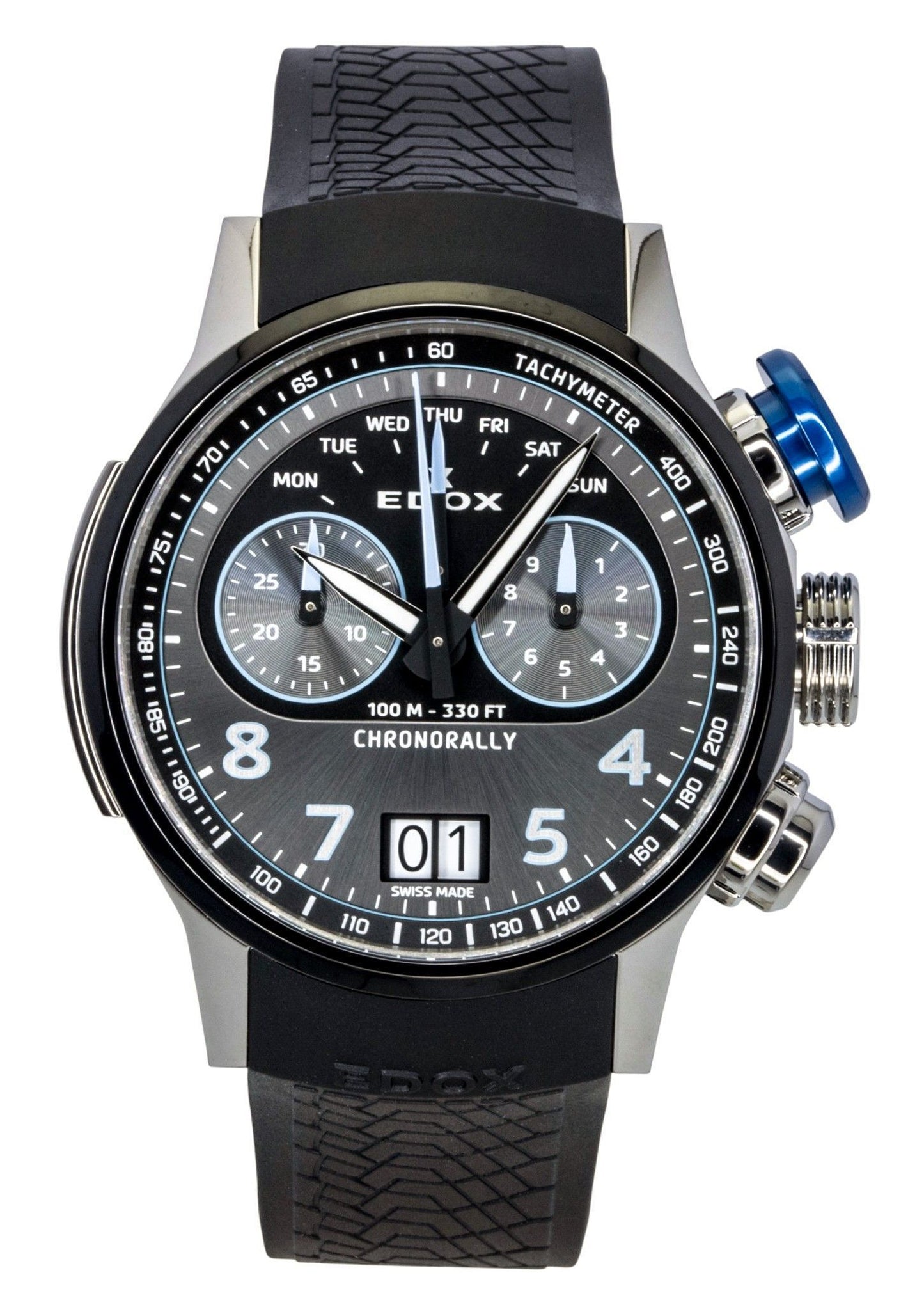 Edox Chronorally Chronograph Rubber Strap Grey Dial Quartz 38003-TINBU-GNBU 100M Men's Watch