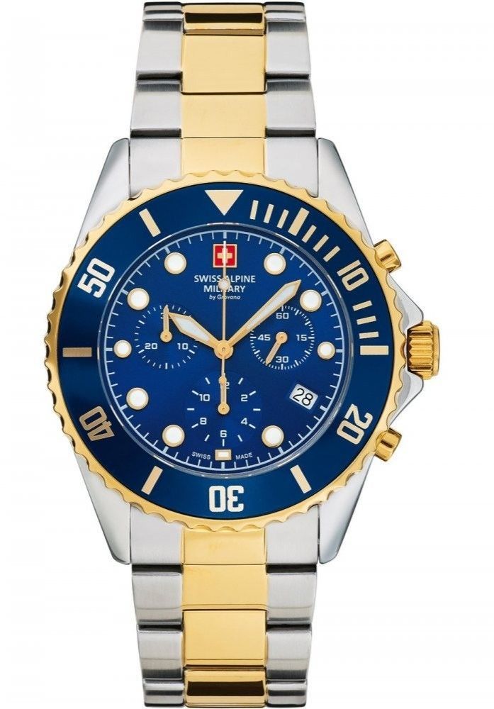 Swiss Alpine Military Master Diver Chronograph Two Tone Stainless Steel Blue Dial Quartz 7053.9145 100M Men's Watch