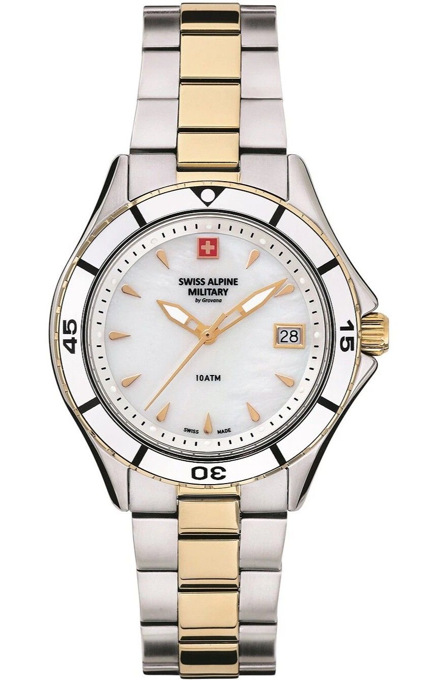 Swiss Alpine Military Aquatech Ladies White Mother Of Pearl Dial Quartz 7740.1143 100M Women's Watch