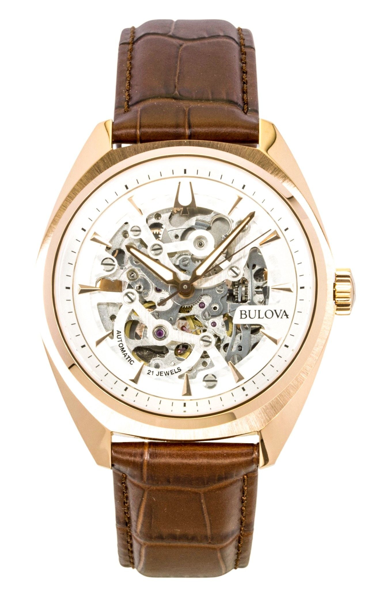 Bulova Surveyor Leather Strap Silver Skeleton Dial Automatic 97A175 Men's Watch