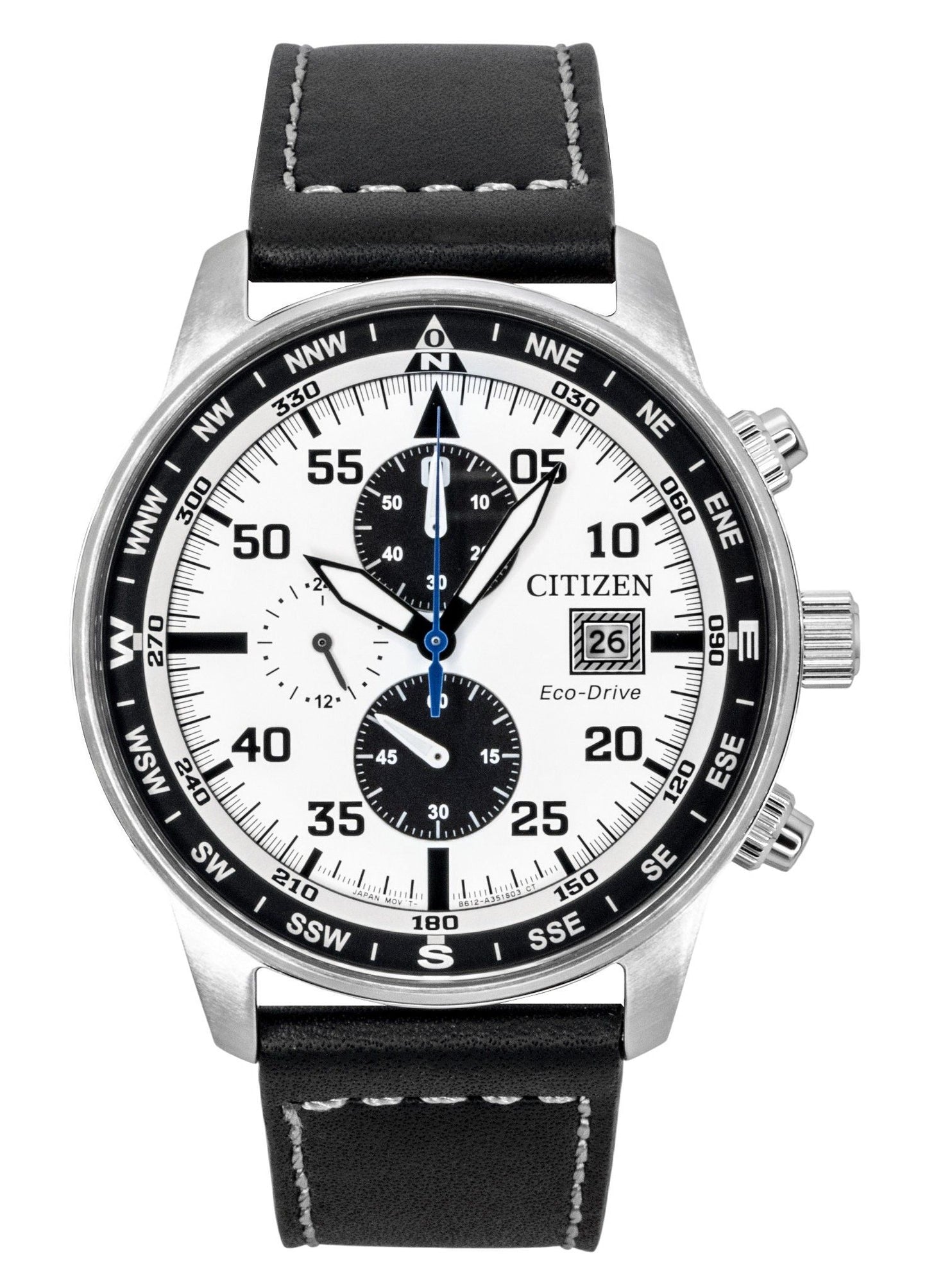 Citizen Eco-Drive Aviator Chronograph Leather Strap White Dial CA0880-07A 100M Men's Watch