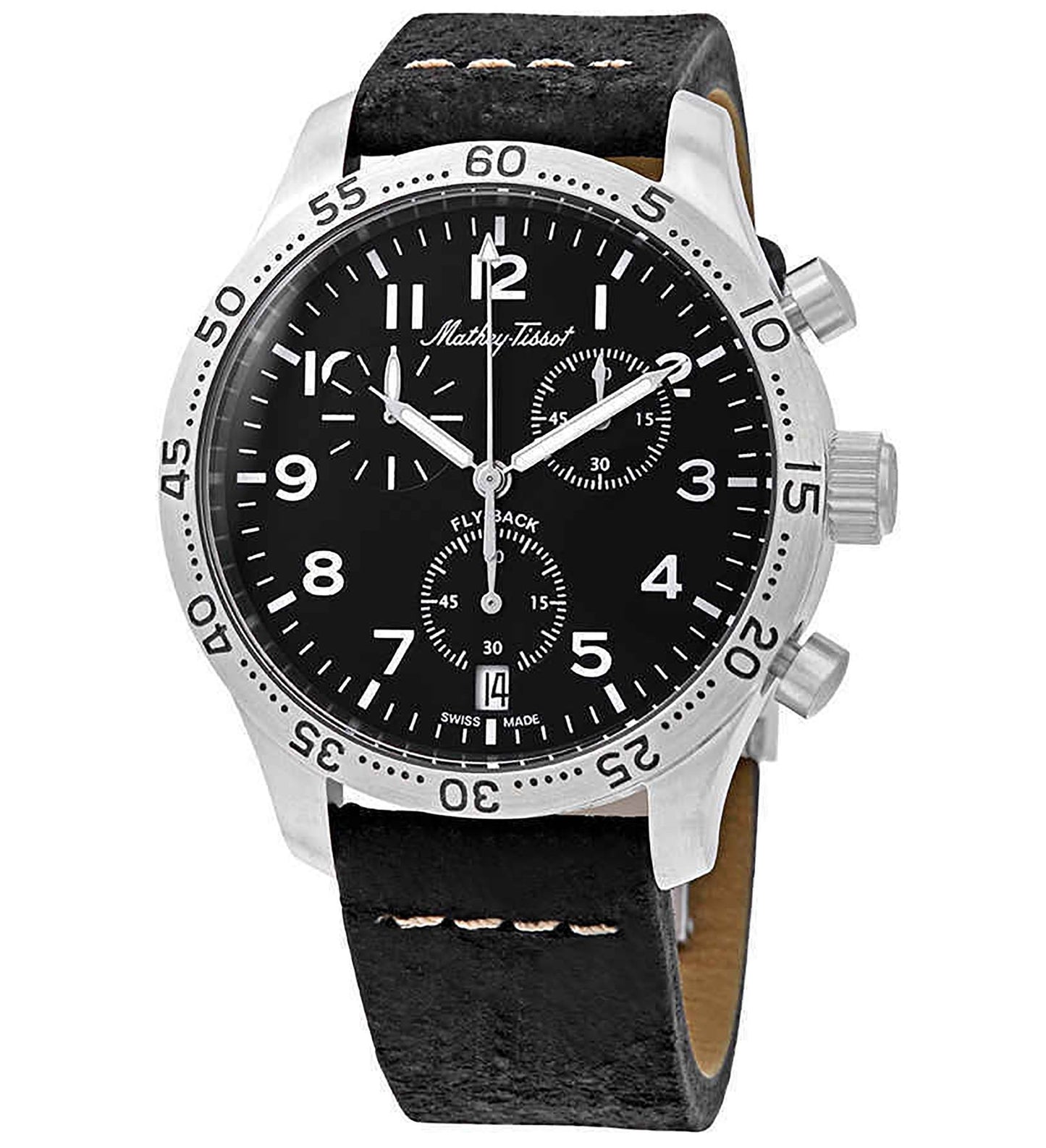 Mathey-Tissot Type 21 Flyback Chronograph Leather Strap Black Dial Quartz H1821CHALNG Men's Watch