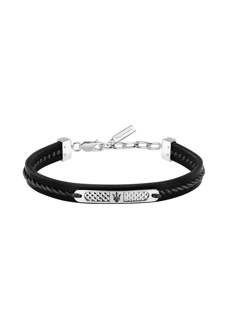 Maserati Jewels Silver Stainless Steel With Black Recycled Leather Bracelet JM525AVE29 For Men