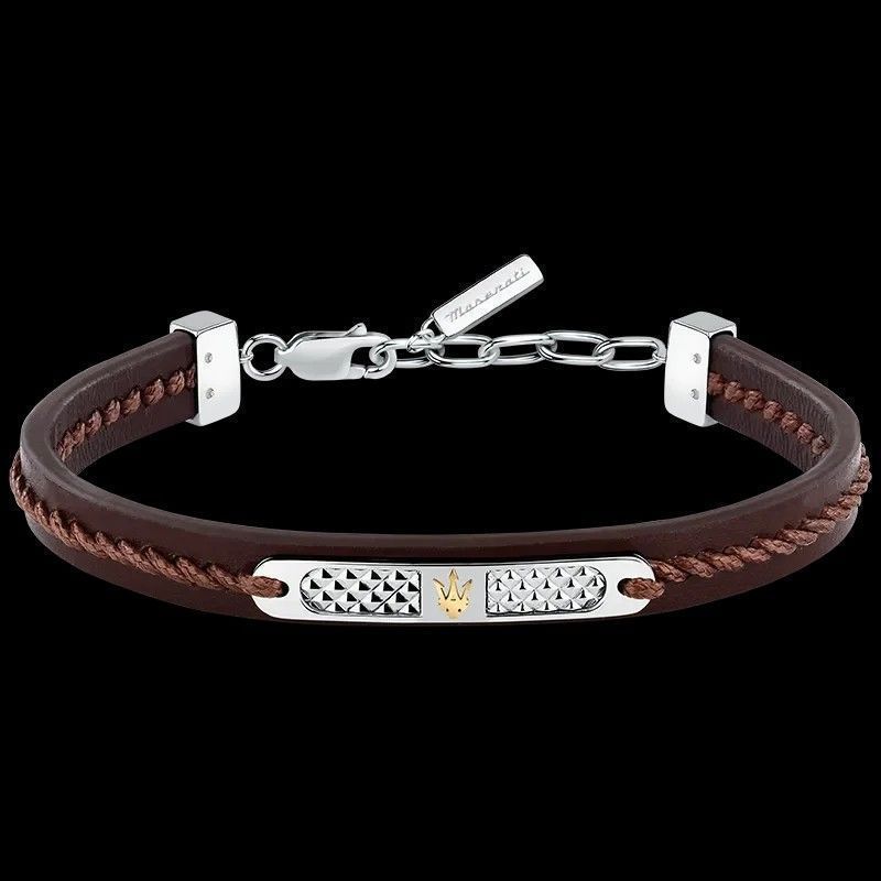 Maserati Jewels Silver Stainless Steel With Brown Recycled Leather Bracelet JM525AVE31 For Men