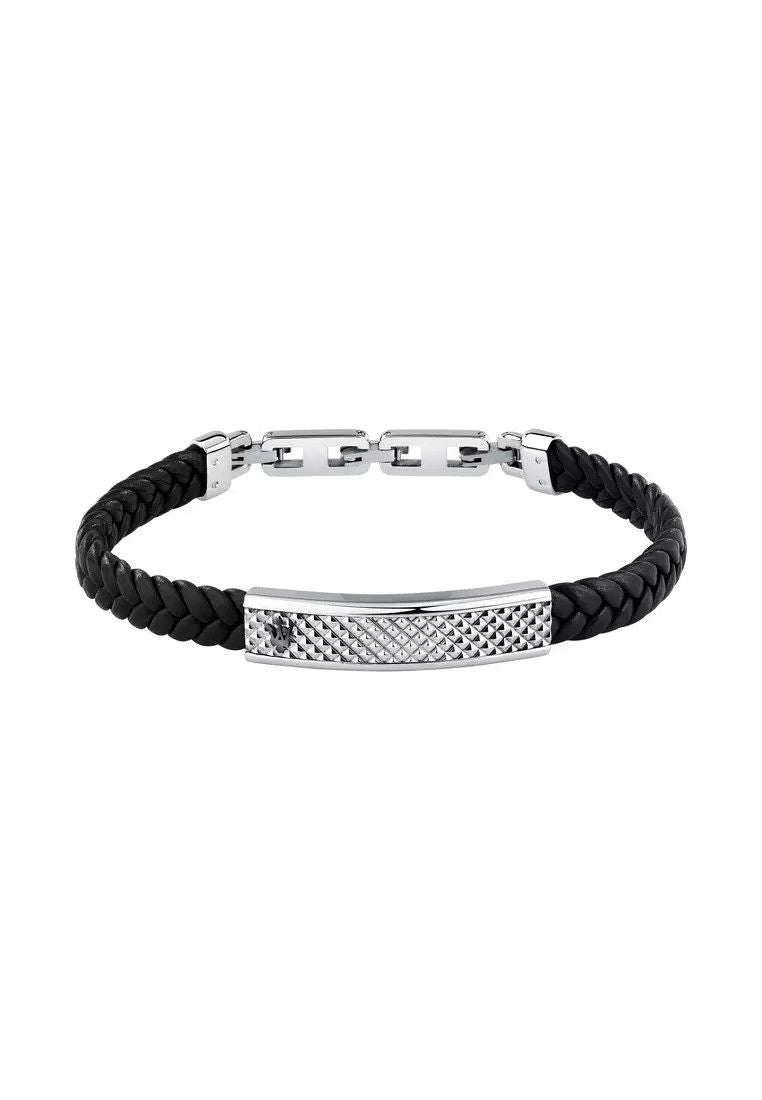 Maserati Jewels Silver Stainless Steel With Black Recycled Leather Bracelet JM525AVE36 For Men