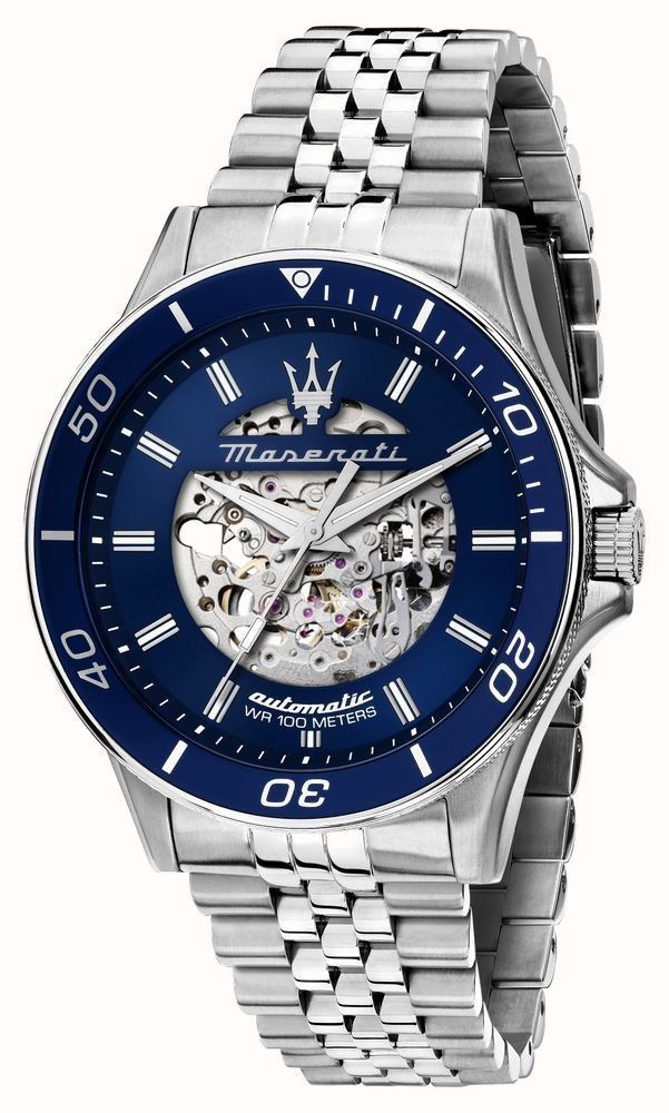 Maserati Sfida Stainless Steel Skeleton Blue Sunray Dial Automatic R8823140011 100M Men's Watch