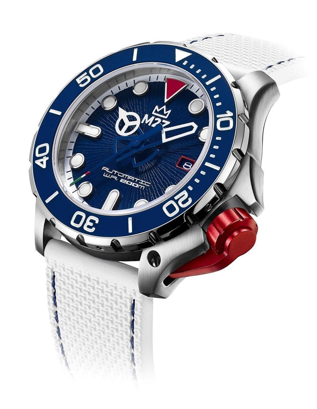 M2Z Diver 200 Sapphire Glass White Strap Blue Dial Automatic Diver's 200-007B 200M Men's Watch