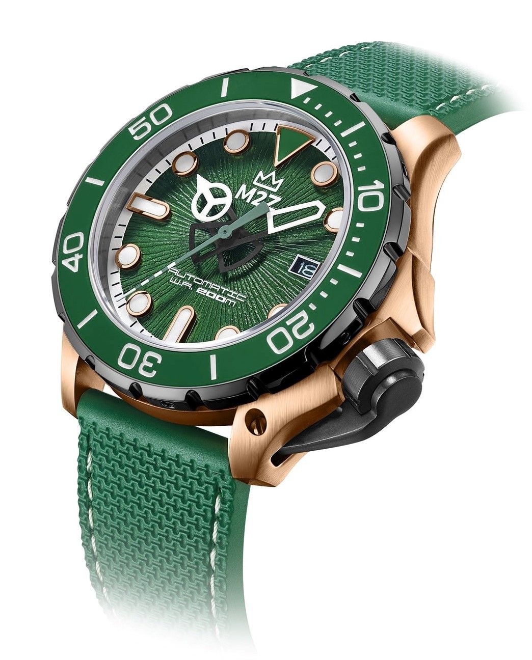 M2Z Diver 200 Sapphire Glass Green Strap Green Dial Automatic Diver's 200-010 200M Men's Watch
