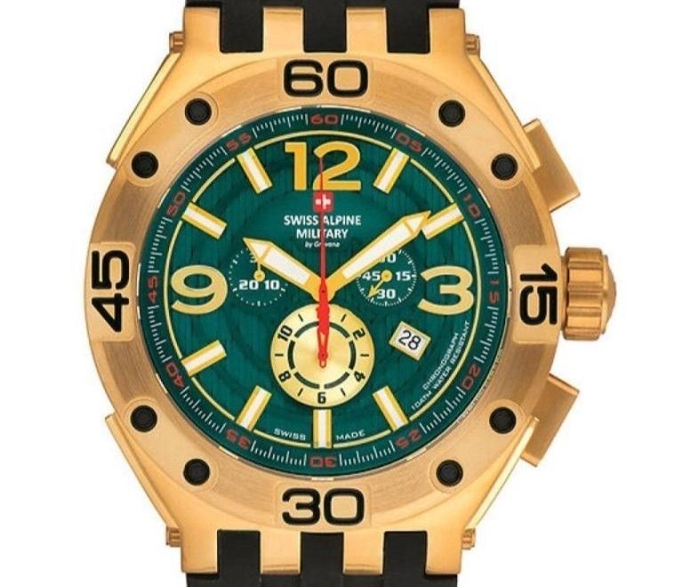 Swiss Alpine Military Aviator Supersize Chronograph Rubber Strap Green Dial Quartz 7033.9814 100M Men's Watch