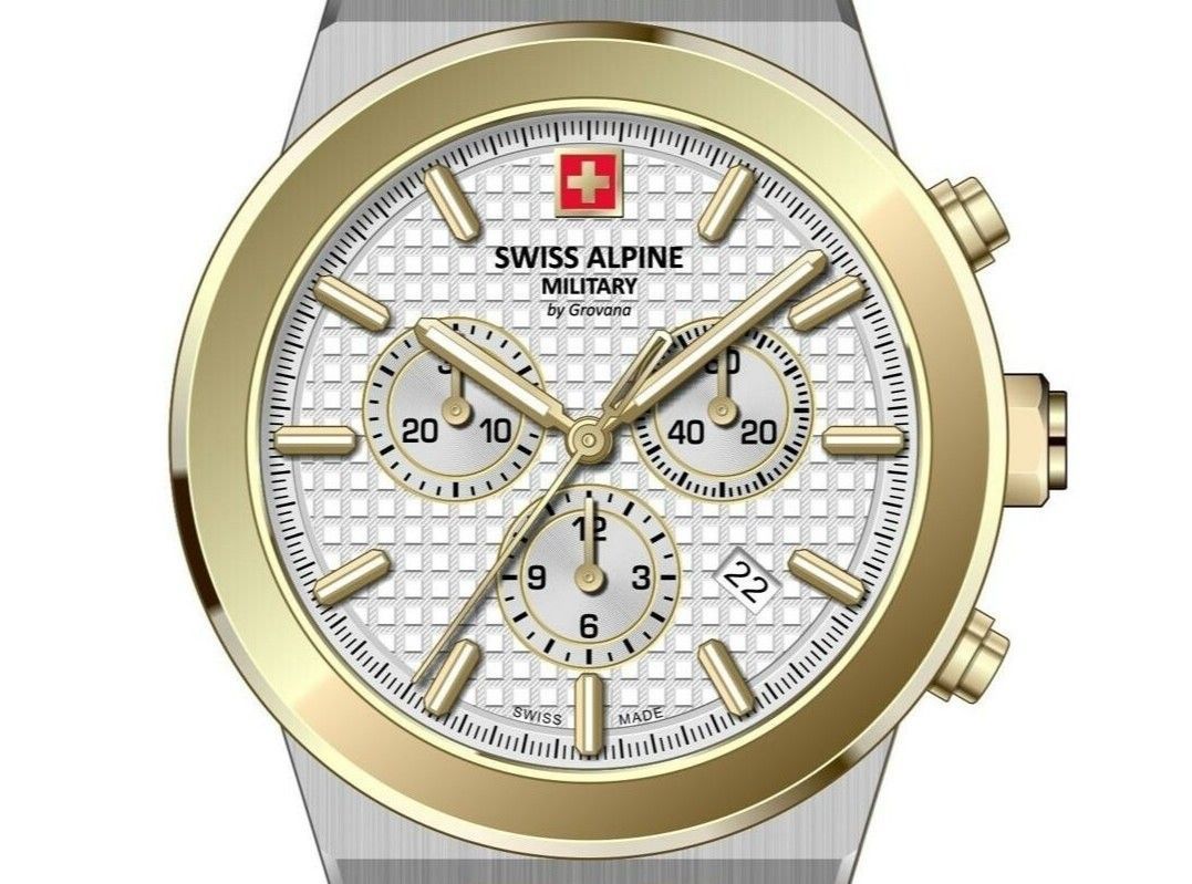 Swiss Alpine Military Pioneer Chronograph Two Tone Stainless Steel Silver Dial Quartz 7048.9142 100M Men's Watch