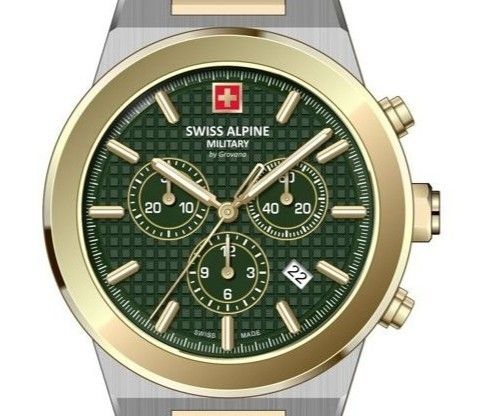 Swiss Alpine Military Pioneer Chronograph Two Tone Stainless Steel Green Dial Quartz 7048.9144 100M Men's Watch