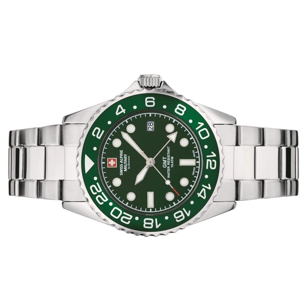 Swiss Alpine Military Master Diver GMT Stainless Steel Green Dial Quartz 7052.1134 100M Men's Watch