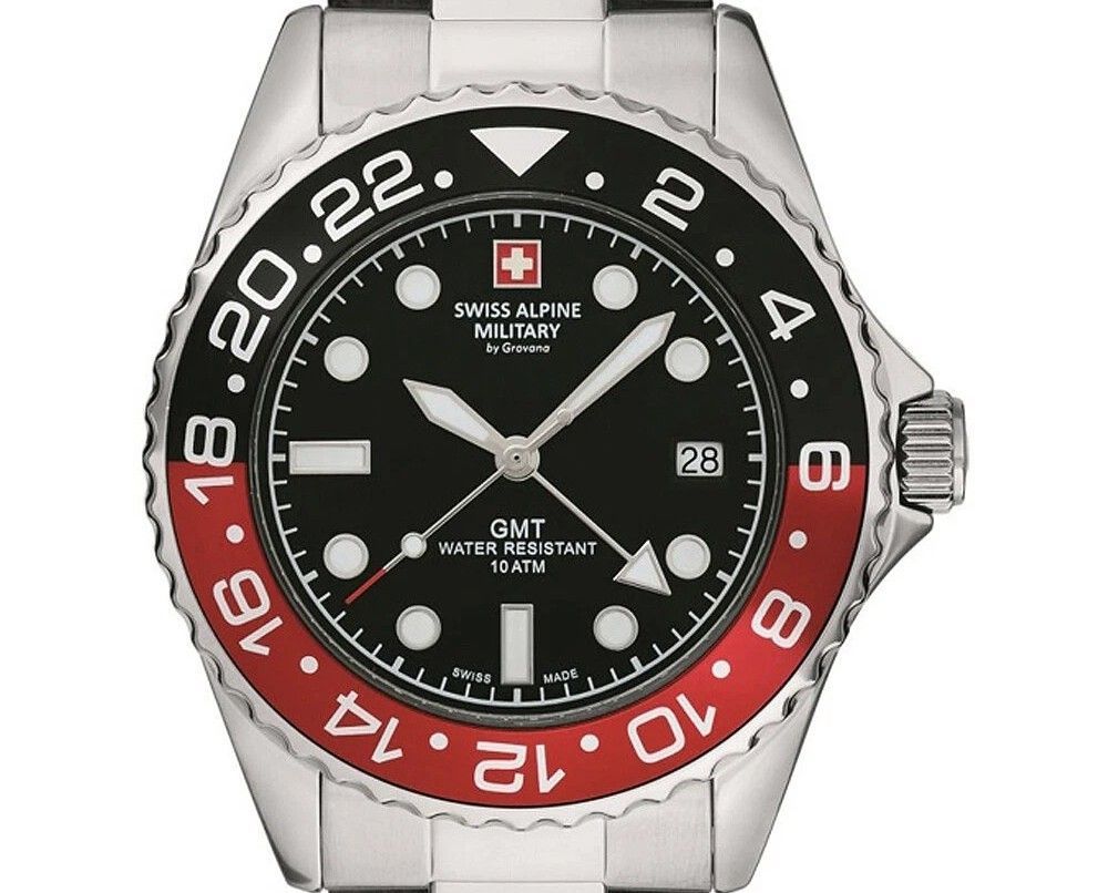 Swiss Alpine Military Master Diver GMT Stainless Steel Black Dial Quartz 7052.1136 100M Men's Watch