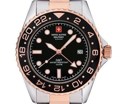 Swiss Alpine Military Master Diver GMT Two Tone Stainless Steel Black Dial Quartz 7052.1157 100M Men's Watch
