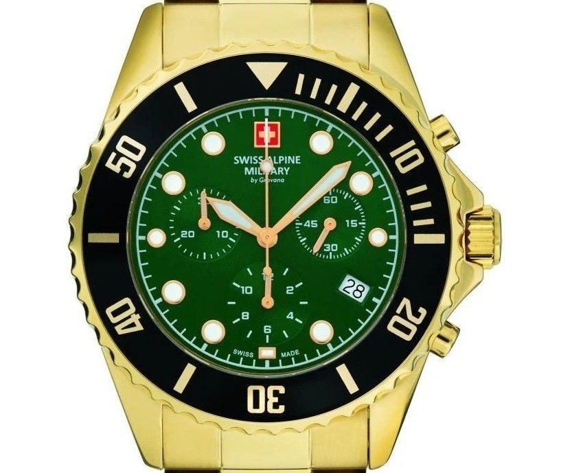 Swiss Alpine Military Master Diver Chronograph Stainless Steel Green Dial Quartz 7053.9114 100M Men's Watch