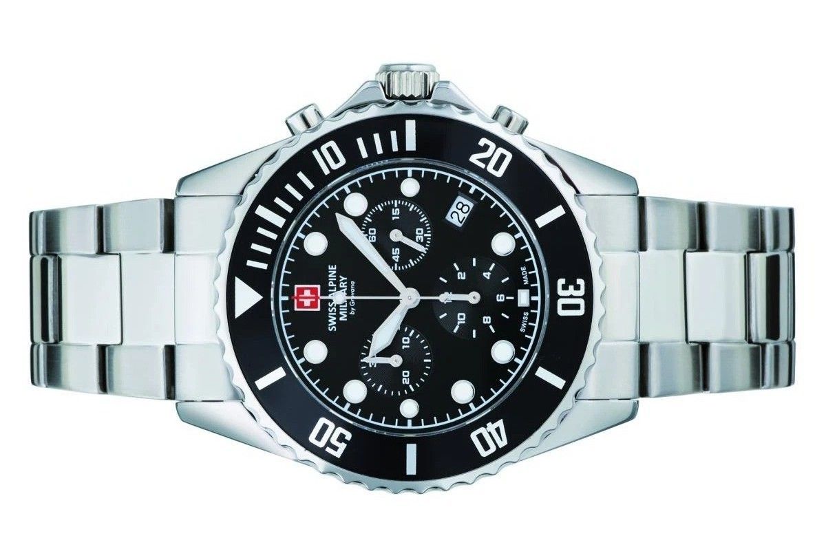Swiss Alpine Military Master Diver Chronograph Stainless Steel Black Dial Quartz 7053.9137 100M Men's Watch