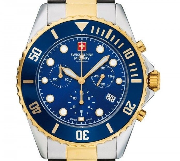 Swiss Alpine Military Master Diver Chronograph Two Tone Stainless Steel Blue Dial Quartz 7053.9145 100M Men's Watch