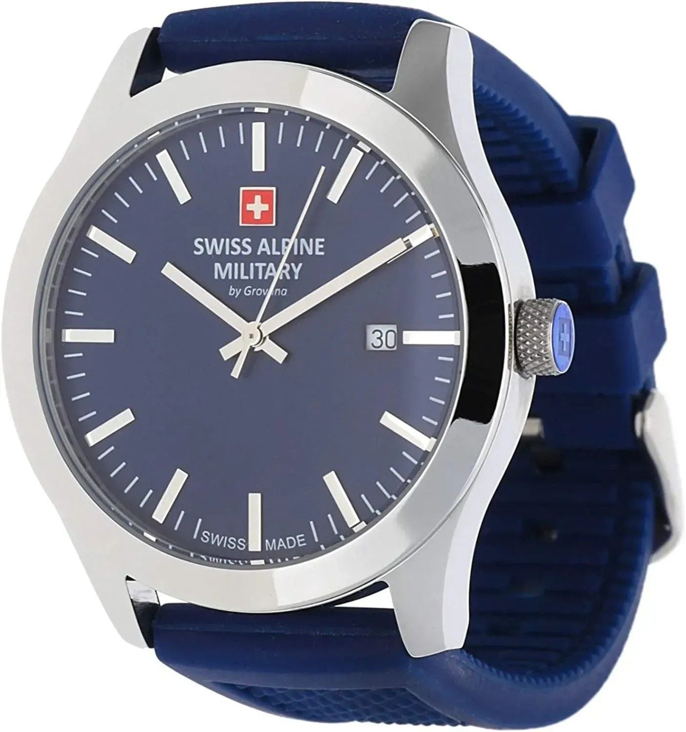 Swiss Alpine Military Combat Basic Rubber Strap Blue Dial Quartz 7055.1835 100M Men's Watch