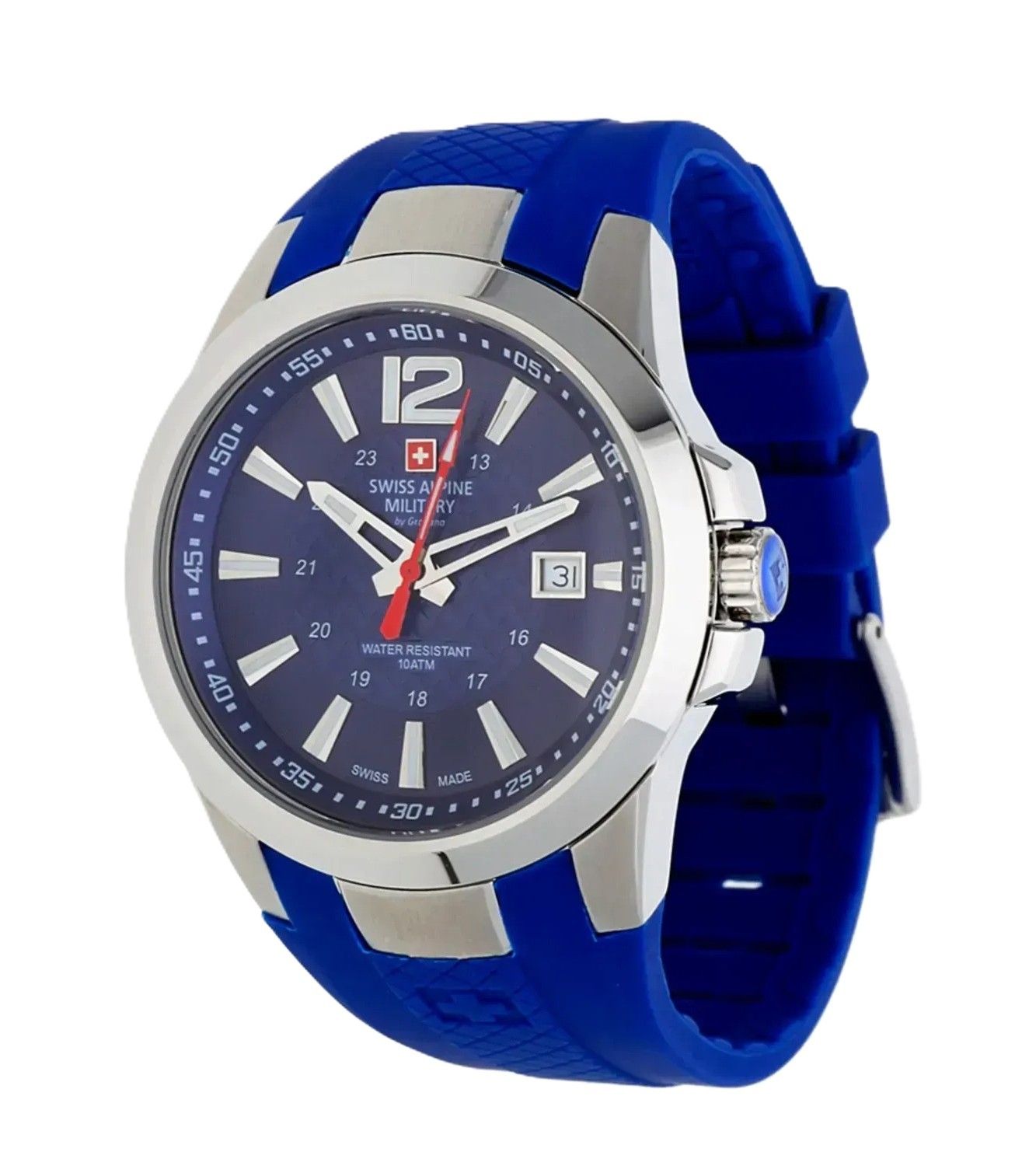 Swiss Alpine Military Combat Air Rubber Strap Blue Dial Quartz 7058.1835 100M Men's Watch