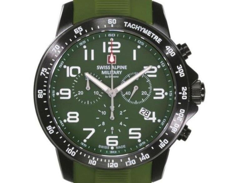 Swiss Alpine Military Ranger Chronograph Rubber Strap Green Dial Quartz 7064.9874 100M Men's Watch