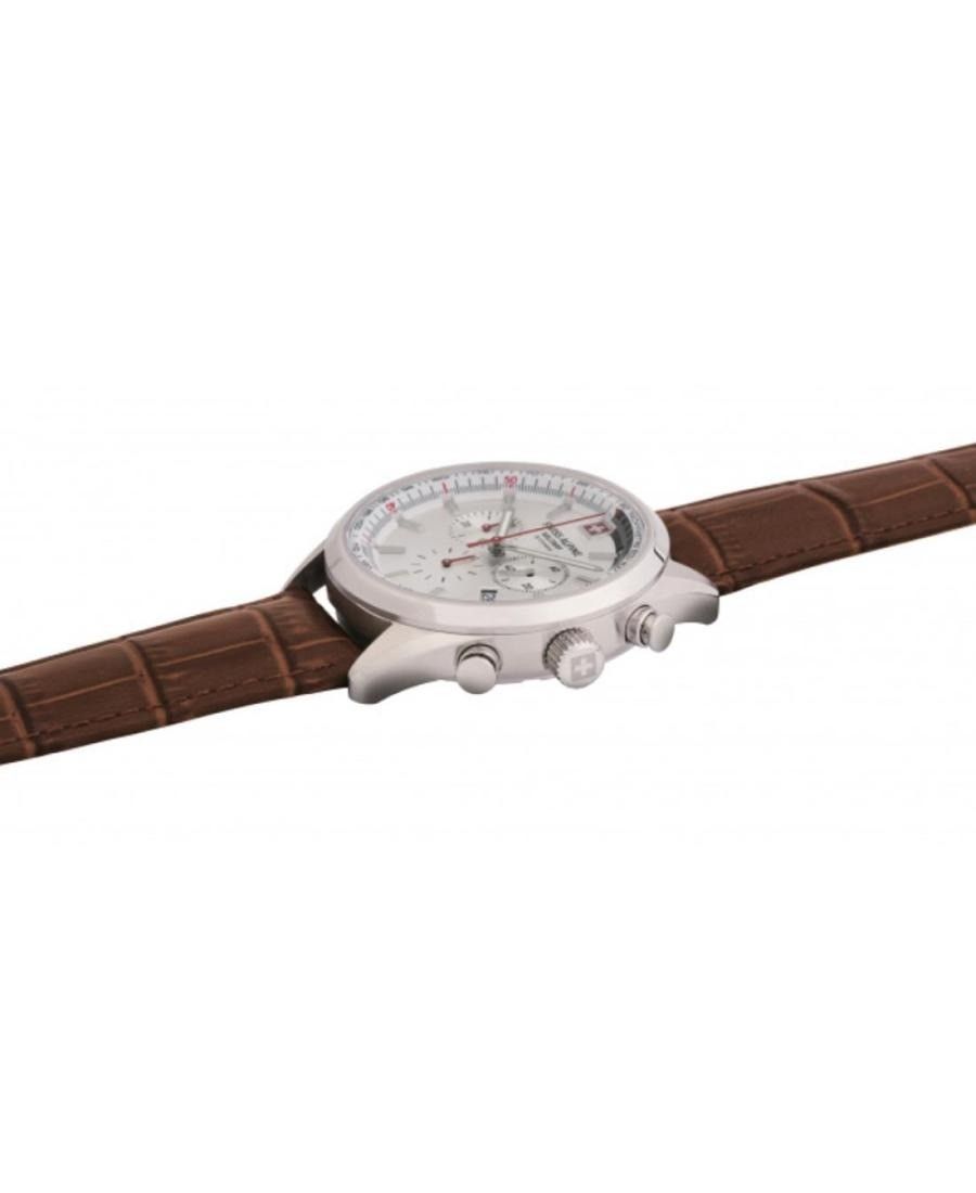 Swiss Alpine Military Pegasus Chronograph Leather Strap Silver Dial Quartz 7086.9532 100M Men's Watch