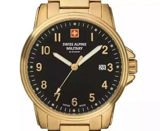 Swiss Alpine Military Leader Ladies Gold Tone Stainless Steel Black Dial Quartz 7711.1117 100M Women's Watch