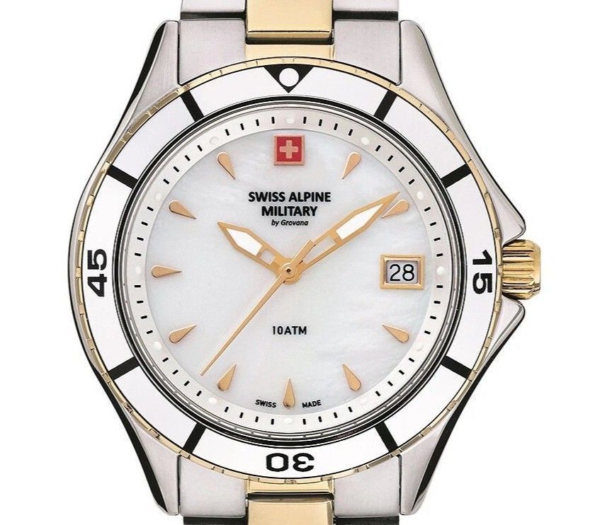 Swiss Alpine Military Aquatech Ladies White Mother Of Pearl Dial Quartz 7740.1143 100M Women's Watch