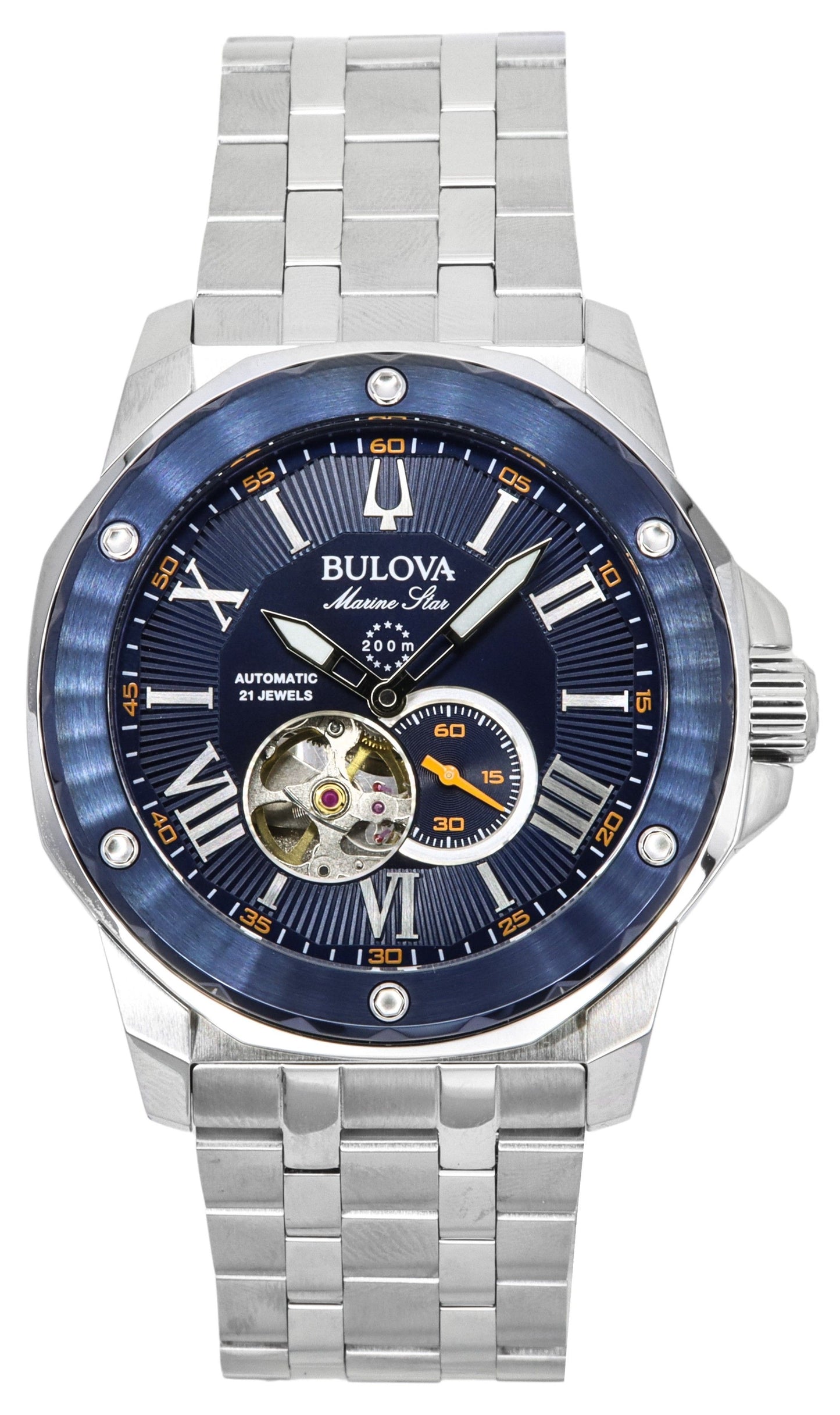 Bulova Marine Star Stainless Steel Open Heart Blue Dial Automatic 21 Jewels 98A302 200M Men's Watch
