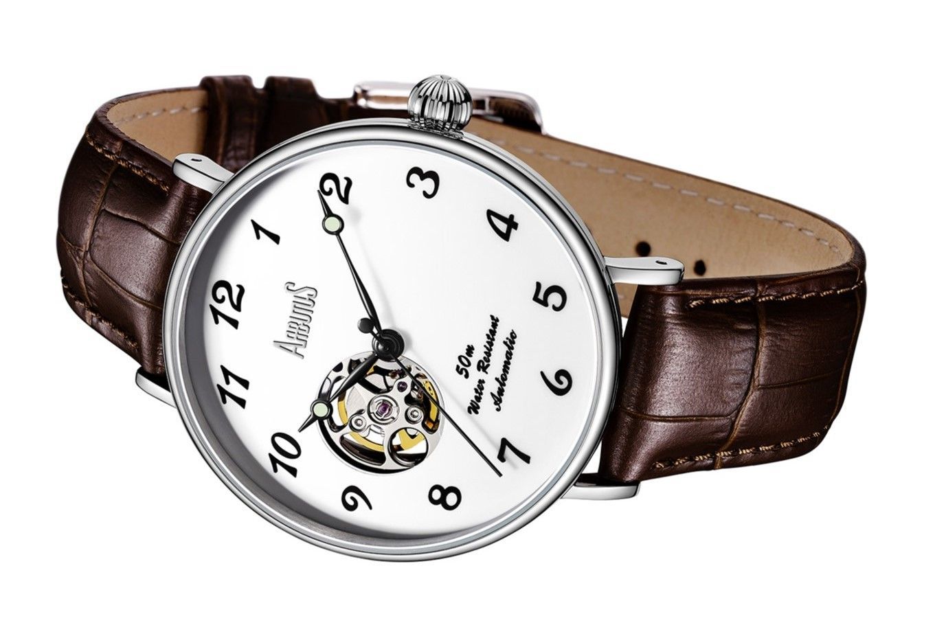 Arbutus Broadway Leather Strap White Open Heart Dial Automatic AR1805SWF Unisex Watch
