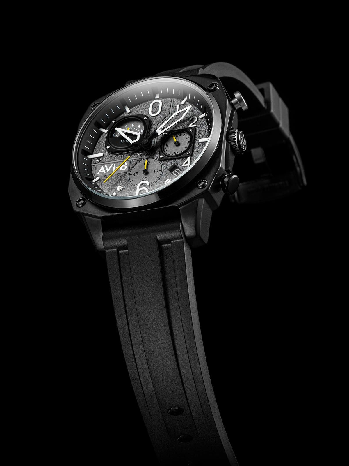 AVI-8 Hawker Hunter Retrograde Chronograph Tactical Black Rubber Strap Grey Dial Quartz AV-4052-R1 Men's Watch