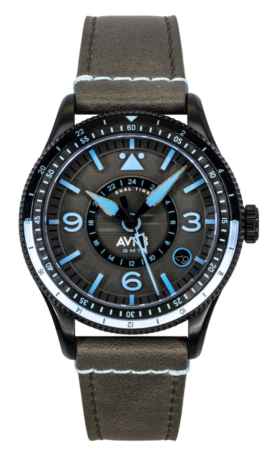 AVI-8 Flyboy Airmaster GMT Leather Strap Grey Dial Automatic AV-4128-05 Men's Watch