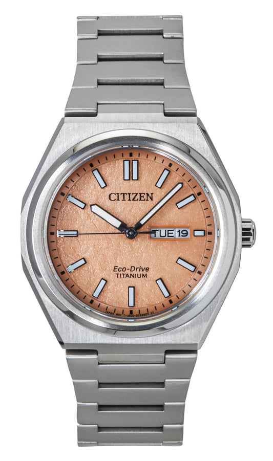 Citizen Zenshin Super Titanium Salmon Dial Eco-Drive AW0130-85Z 100M Men's Watch
