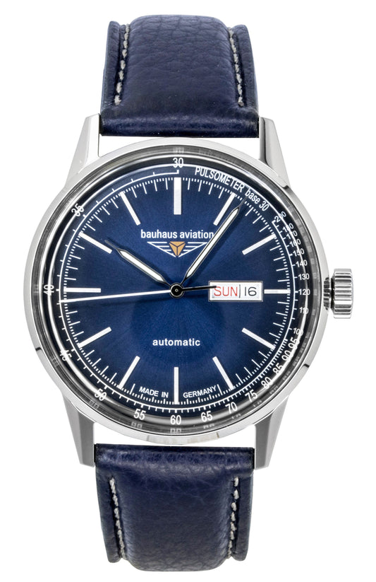 Bauhaus Aviation Leather Strap Blue Dial Automatic 23663 100M Men's Watch