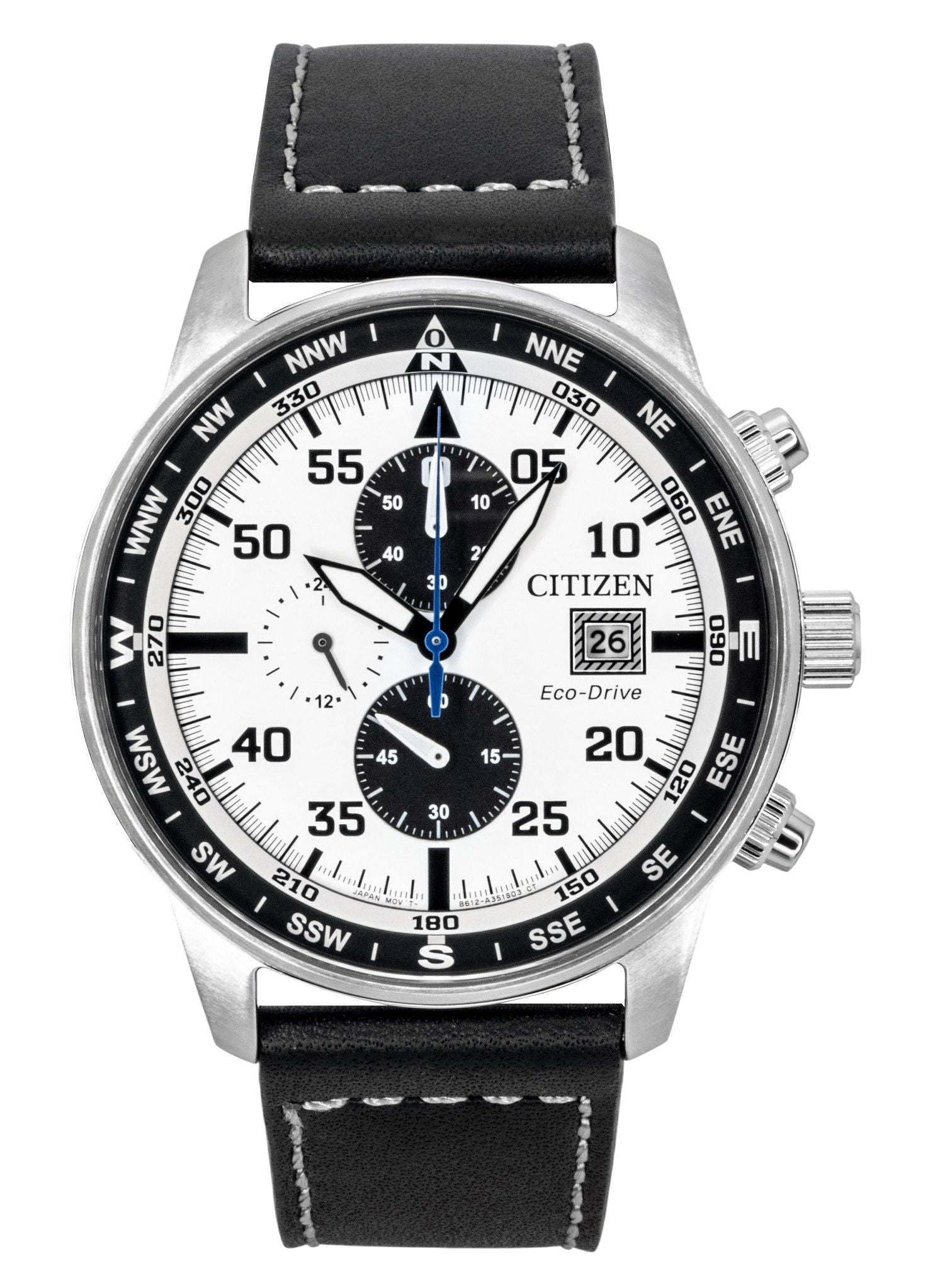 Citizen Eco-Drive Aviator Chronograph Leather Strap White Dial CA0880-07A 100M Men's Watch