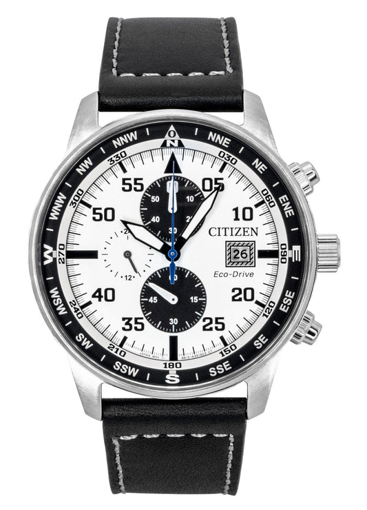 Citizen Eco-Drive Aviator Chronograph Leather Strap White Dial CA0880-07A 100M Men's Watch