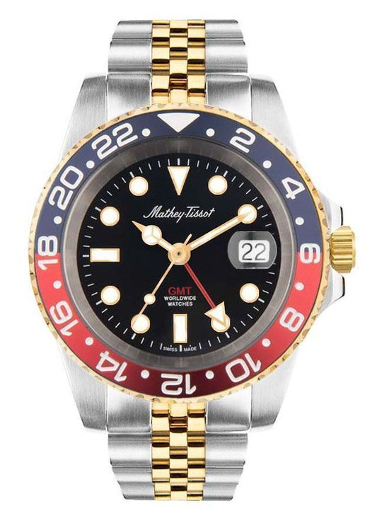 Mathey-Tissot Rolly Mathy Vintage GMT Two Tone Stainless Steel Black Dial Quartz H903BBR 100M Men's Watch