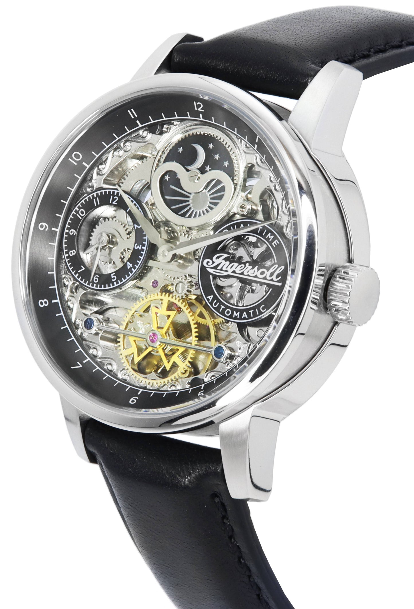 Ingersoll The Jazz Sun and Moon Phase Leather Strap Skeleton Silver Dial Automatic I07701 Men's Watch
