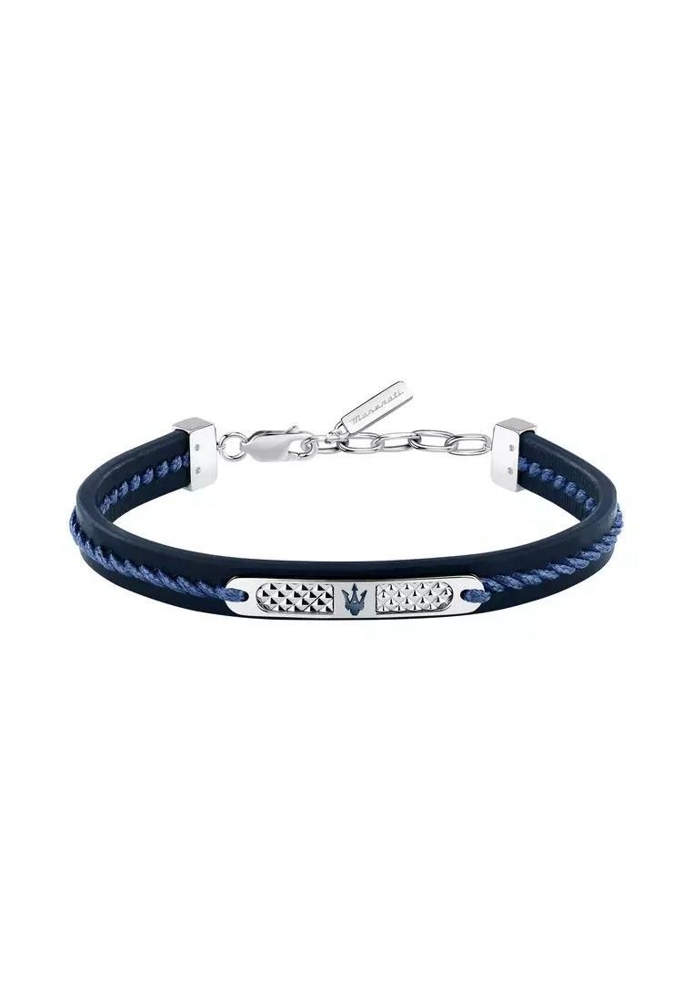 Maserati Jewels Silver Stainless Steel With Black And Blue Recycled Leather Bracelet JM525AVE30 For Men