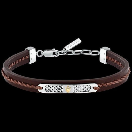 Maserati Jewels Silver Stainless Steel With Brown Recycled Leather Bracelet JM525AVE31 For Men