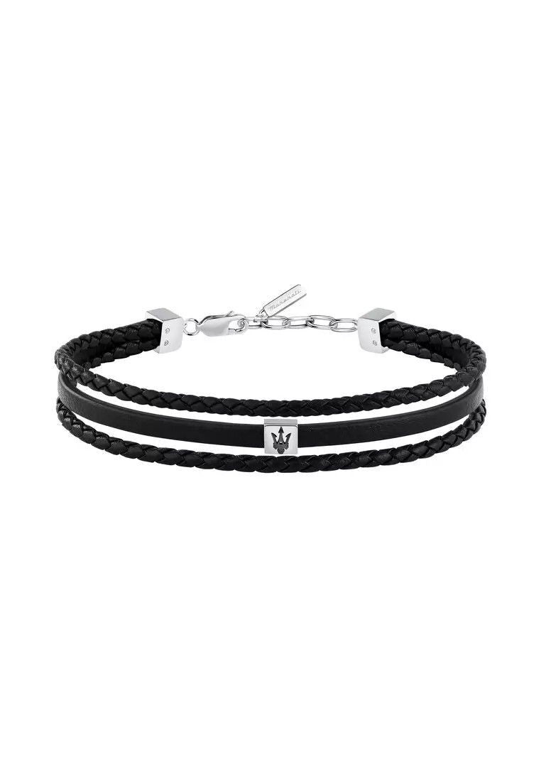 Maserati Jewels Silver Stainless Steel With Black Recycled Leather Bracelet JM525AVE32 For Men