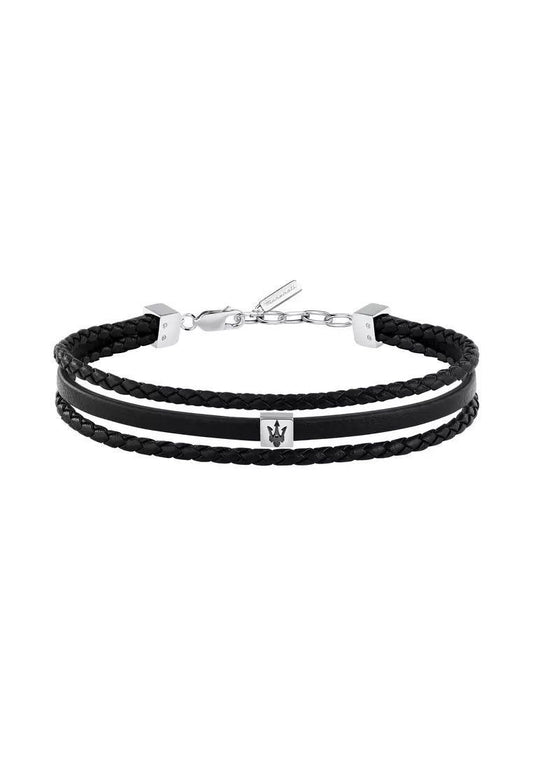 Maserati Jewels Silver Stainless Steel With Black Recycled Leather Bracelet JM525AVE32 For Men