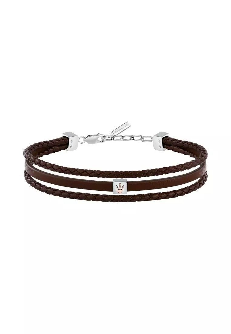 Maserati Jewels Silver Stainless Steel With Brown Recycled Leather Bracelet JM525AVE33 For Men