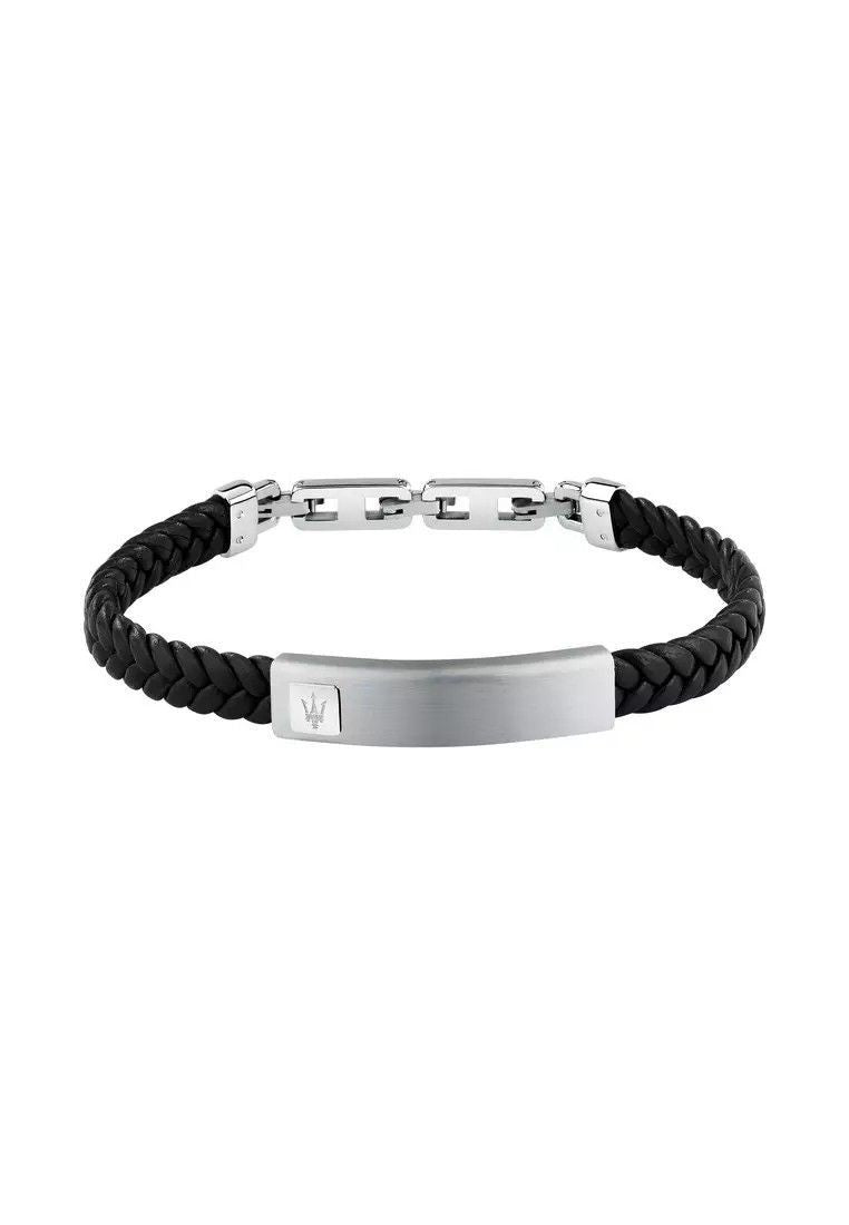 Maserati Jewels Silver Stainless Steel With Black Recycled Leather Bracelet JM525AVE34 For Men