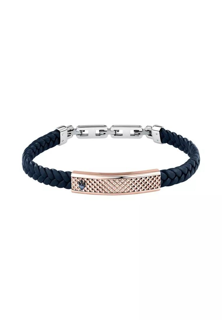 Maserati Jewels Silver And Rose Gold Stainless Steel With Blue Recycled Leather Bracelet JM525AVE35 For Men