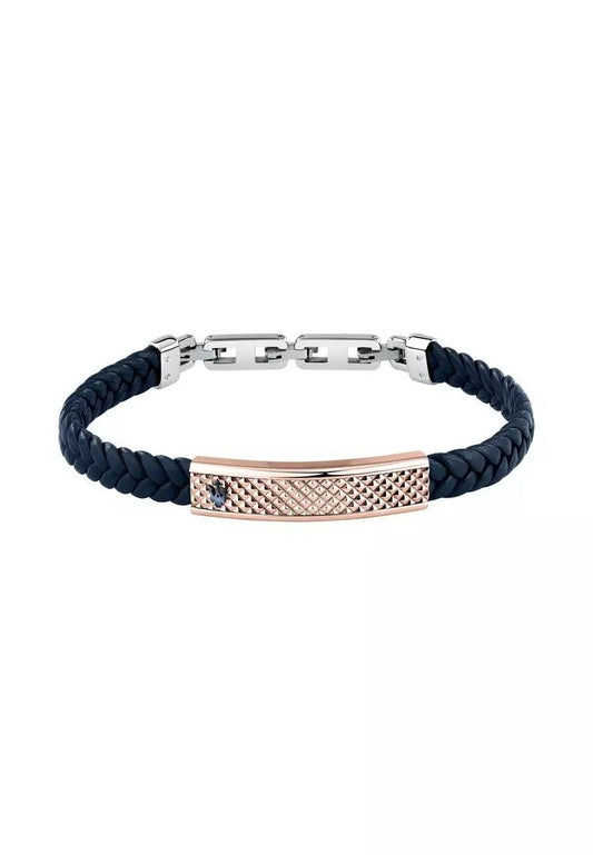 Maserati Jewels Silver And Rose Gold Stainless Steel With Blue Recycled Leather Bracelet JM525AVE35 For Men