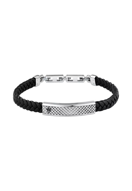 Maserati Jewels Silver Stainless Steel With Black Recycled Leather Bracelet JM525AVE36 For Men