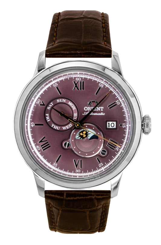 Orient Classic Sun and Moon Leather Strap Bordeaux Dial Automatic RA-AK0807R Men's Watch