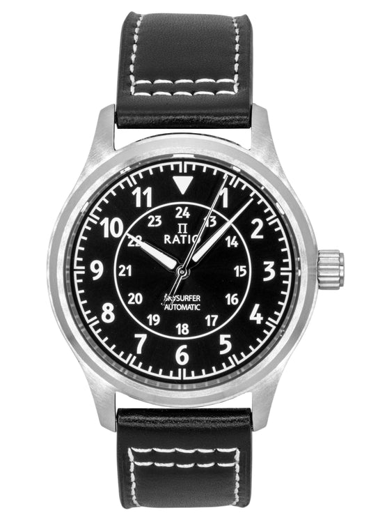 Ratio Skysurfer Pilot Black Sunray Dial Leather Automatic RTS314 200M Men's Watch