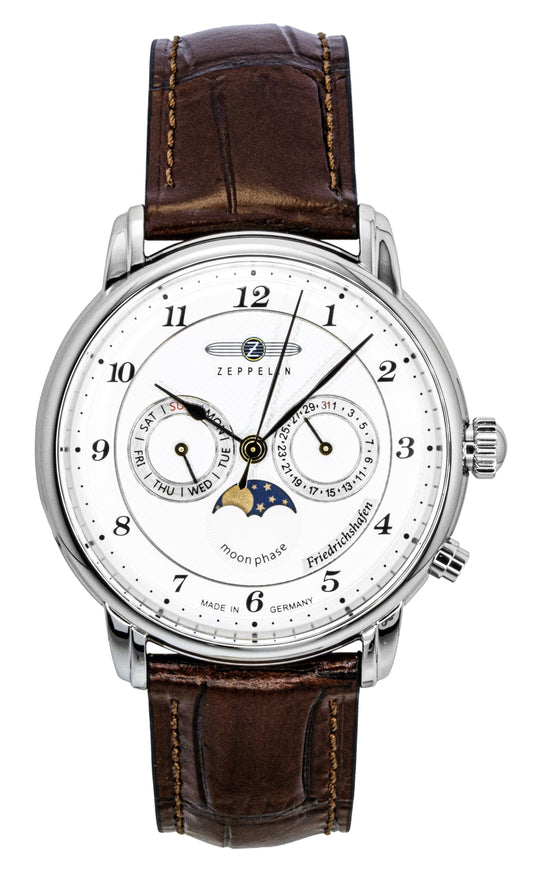 Zeppelin Friedrichshafen Brown Leather Strap White Dial Quartz 85361 Men's Watch