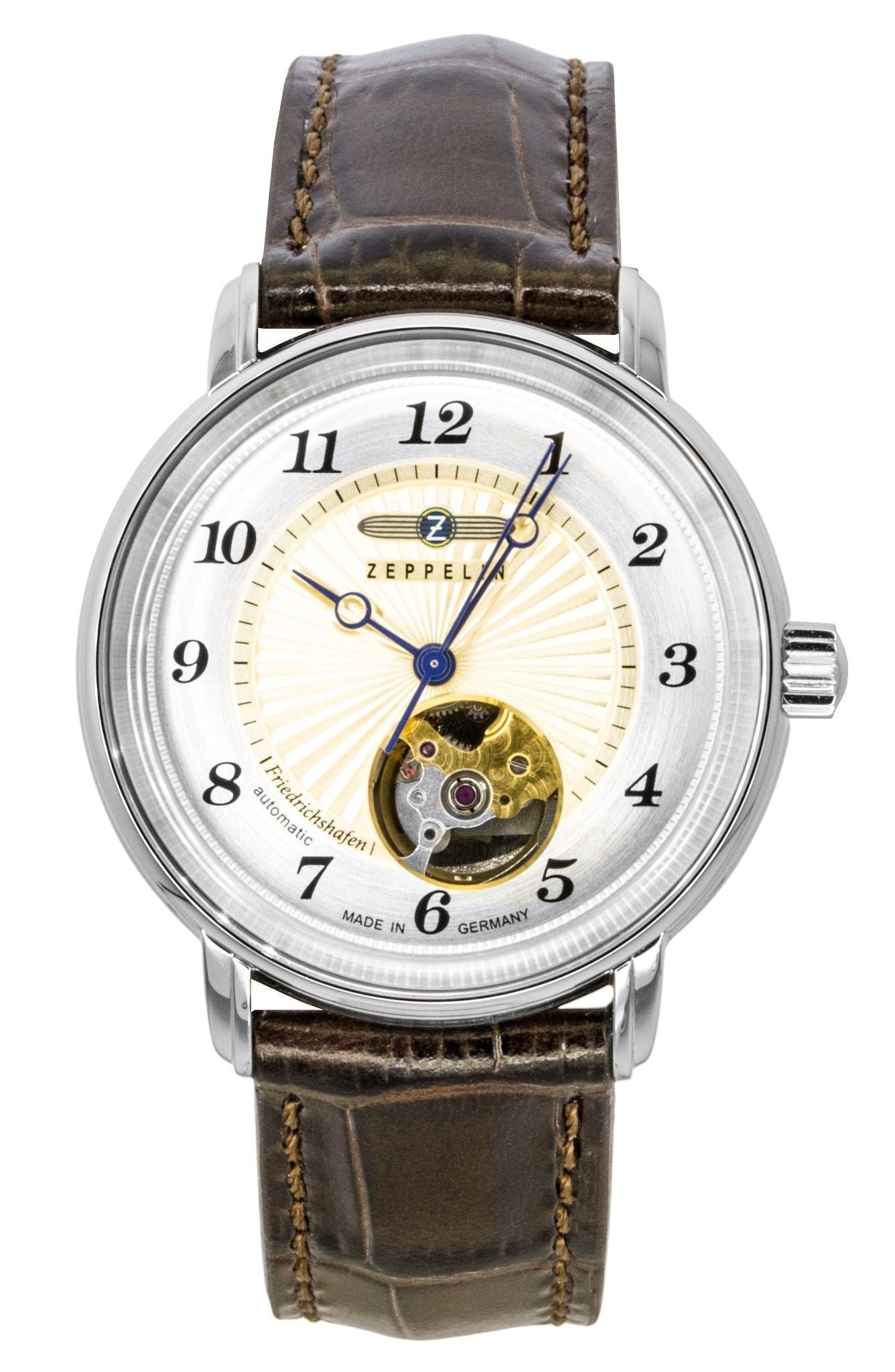 Zeppelin Friedrichshafen Leather Strap Open Heart Gold Dial Automatic 85675 Women's Watch